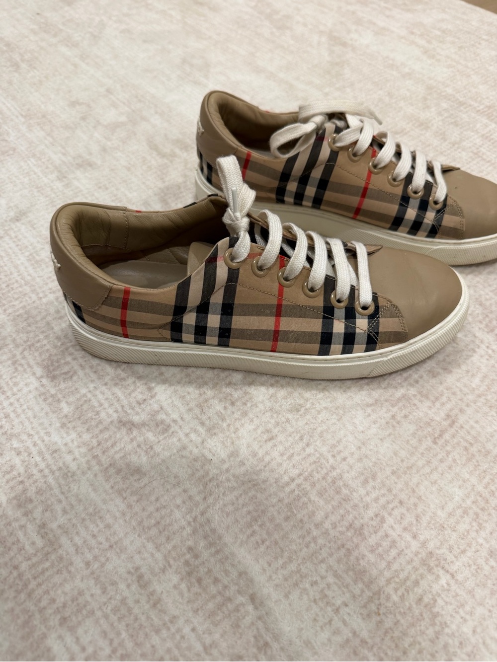 Burberry Tan Check Low-Top Sneakers with White Laces